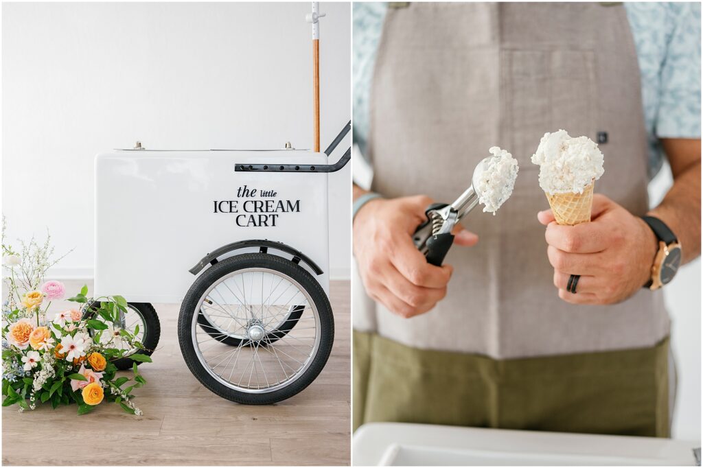 ice cream cart and a man scooping vanilla ice cream into a cone by Krista Marie Photography, a Bay Area brand photographer