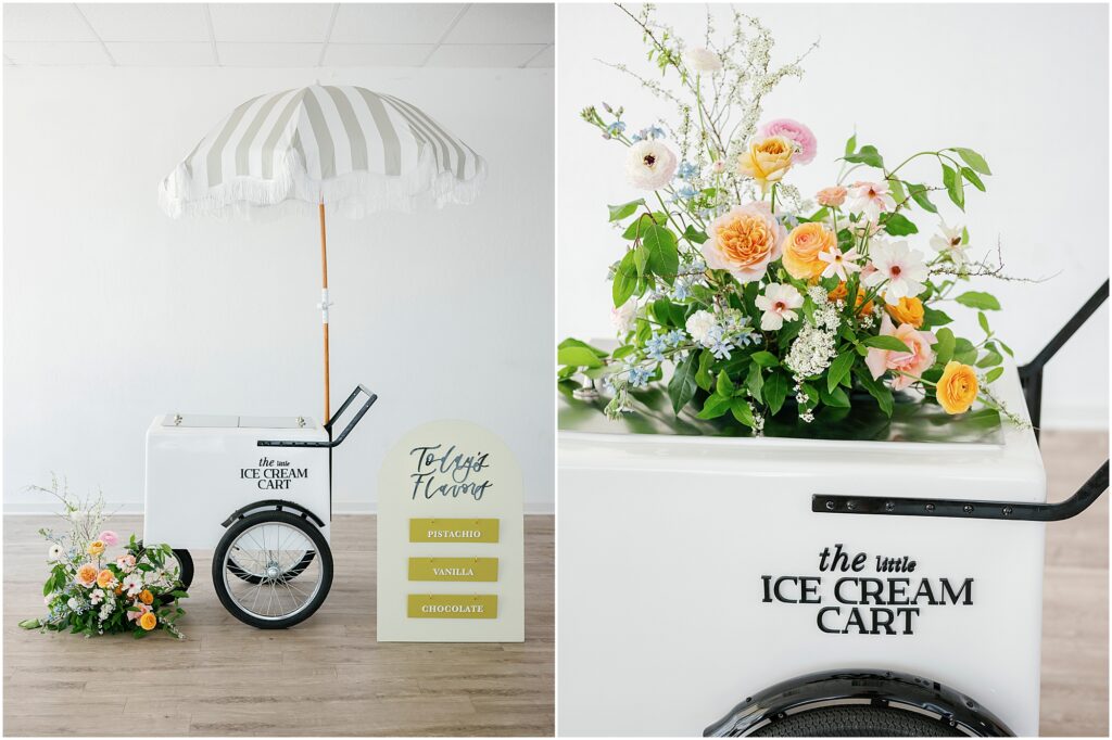 ice cream cart with umbrella, sign and flowers by Krista Marie Photography, a Bay Area brand photographer