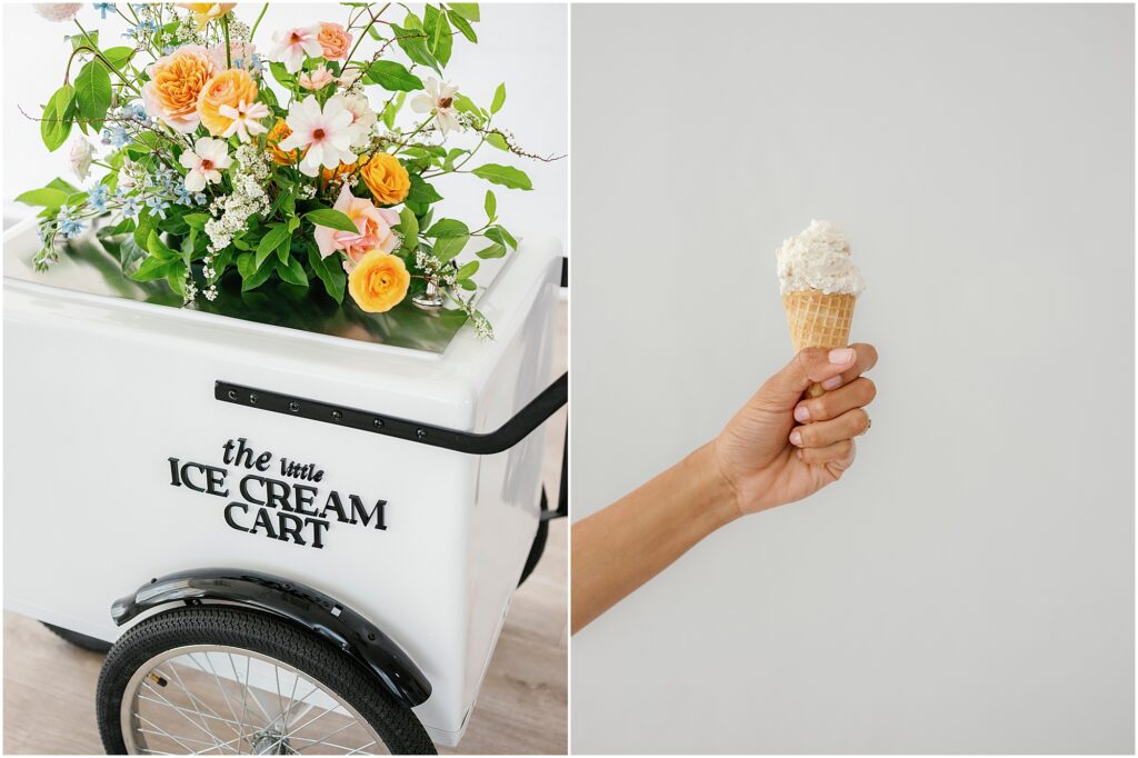 ice cream cart with flowers and vanilla ice cream in a cone by Krista Marie Photography, a Bay Area brand photographer