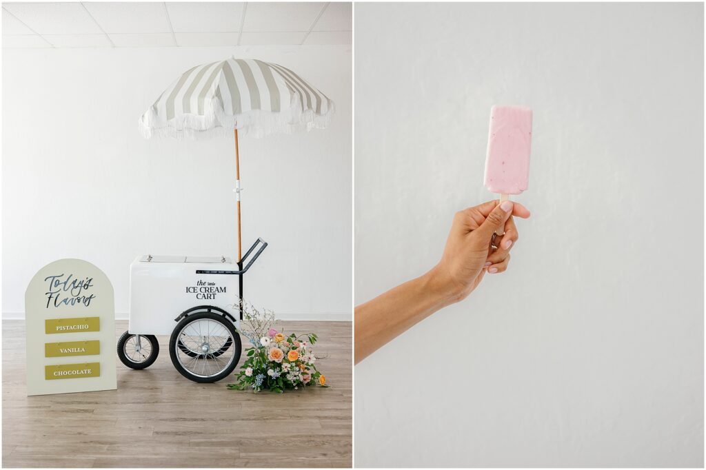 ice cream cart with umbrella and sign and strawberry ice cream bar by Krista Marie Photography, a Bay Area brand photographer