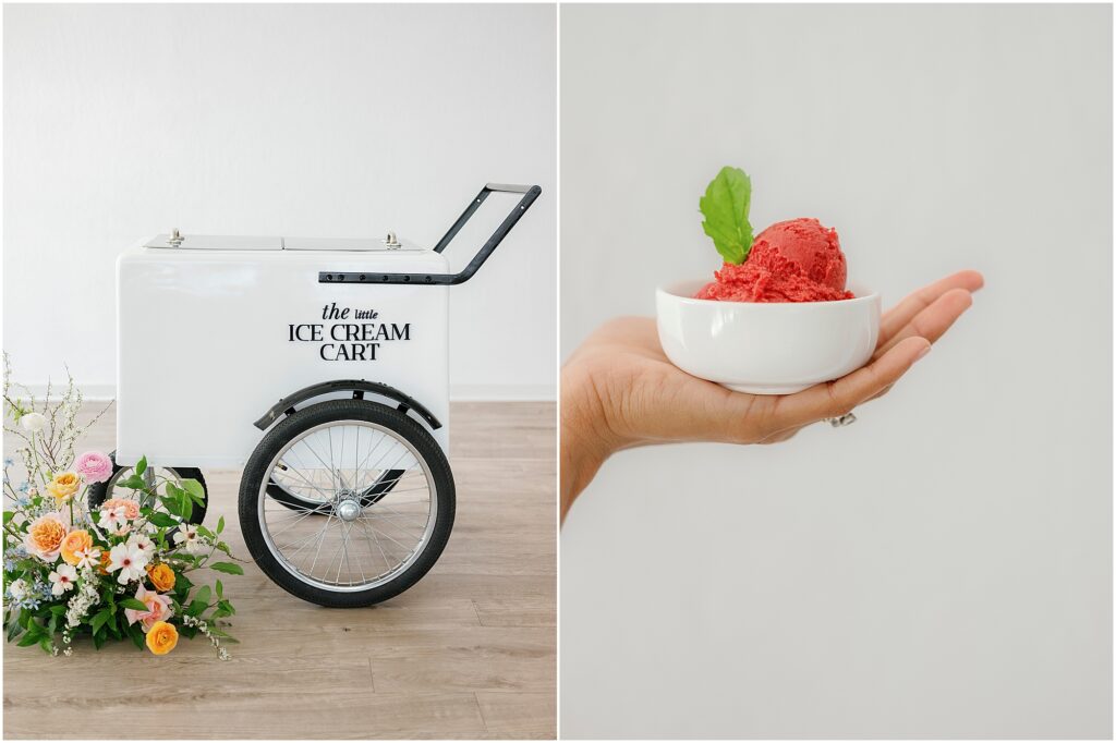 ice cream cart with flowers and a small bowl of sorbet by Krista Marie Photography, a Bay Area brand photographer
