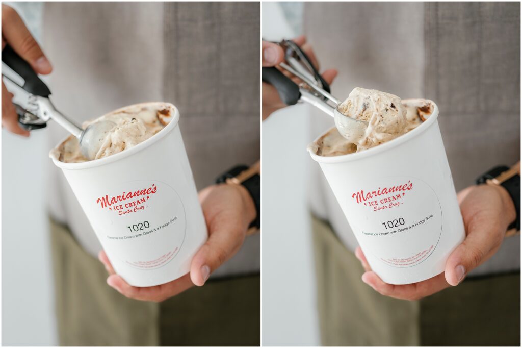 man scooping out ice cream from a carton by Krista Marie Photography, a Bay Area brand photographer