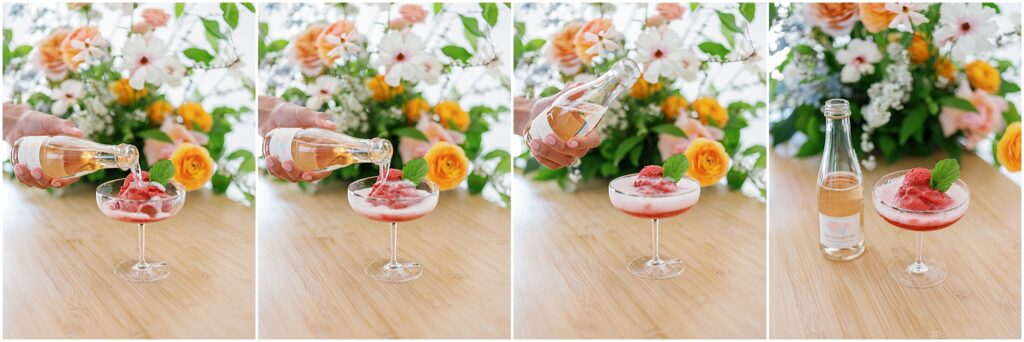 hand pouring champagne into a sorbet cup in front of flowers by Krista Marie Photography, a Bay Area brand photographer