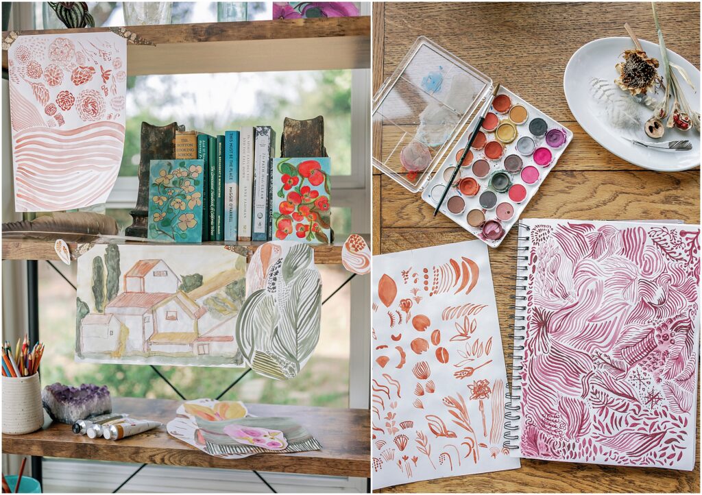watercolor paint details on a desk and bookshelf photographed by Krista Marie Photography, a Bay Area personal brand photographer