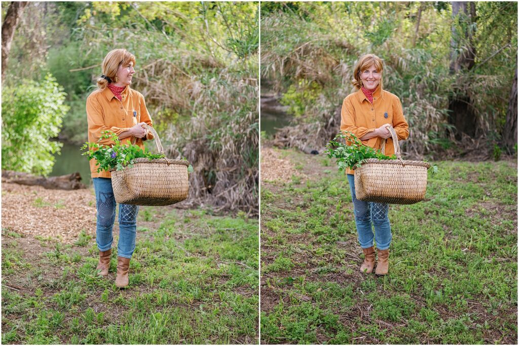 woman carrying a wooden basket with greenery photographed by Krista Marie Photography, a Bay Area personal brand photographer