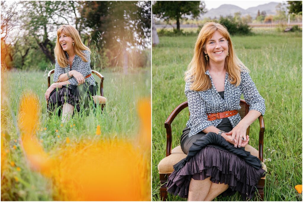 woman smiling and sitting in a chair in a field photographed by Krista Marie Photography, a Bay Area personal brand photographer
