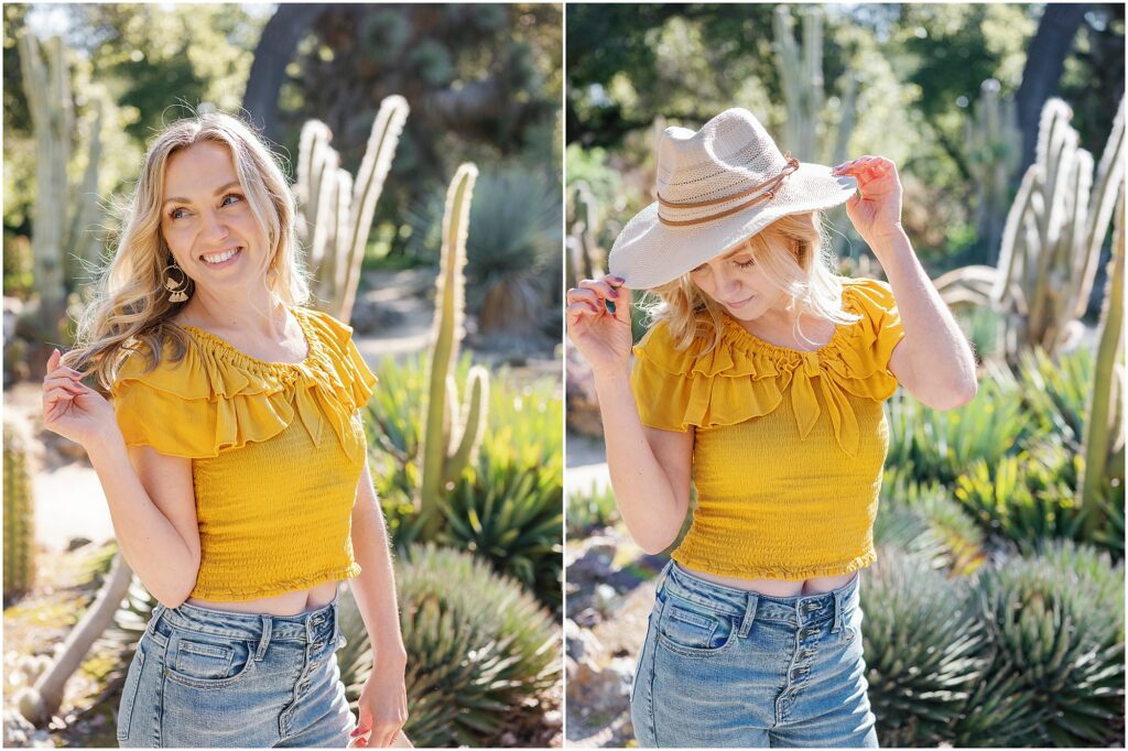 woman in yellow top and hat smiling in front of cactus garden by Krista Marie Photography, a Bay Area brand photographer