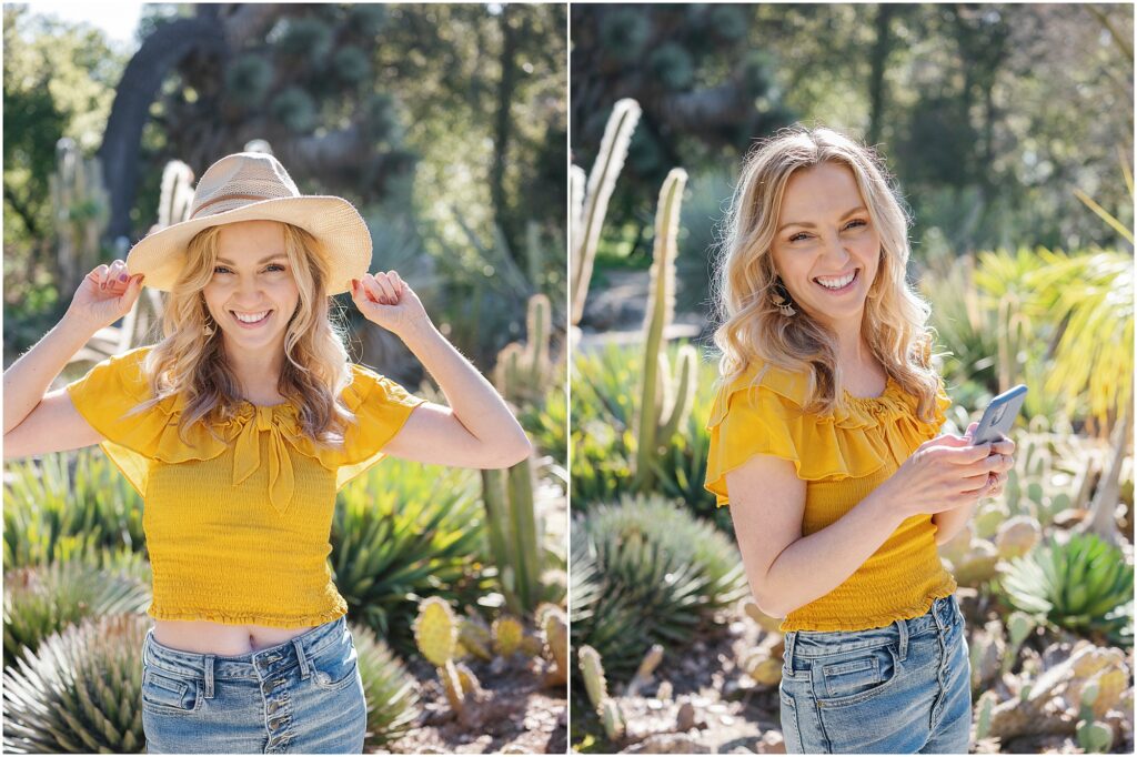 woman in yellow top smiling at camera in cactus garden woman in yellow top and hat smiling in front of cactus garden by Krista Marie Photography, a Bay Area brand photographer