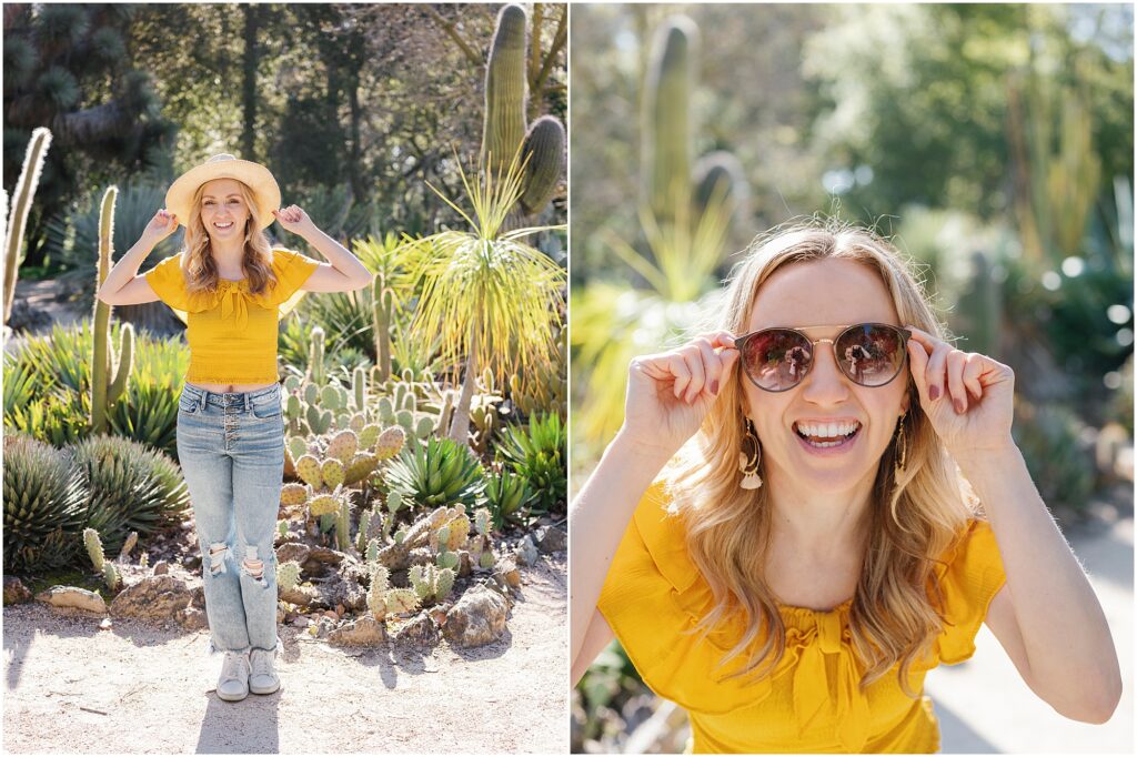 woman in yellow top and sunglasses smiling in cactus garden by Krista Marie Photography, a Bay Area brand photographer