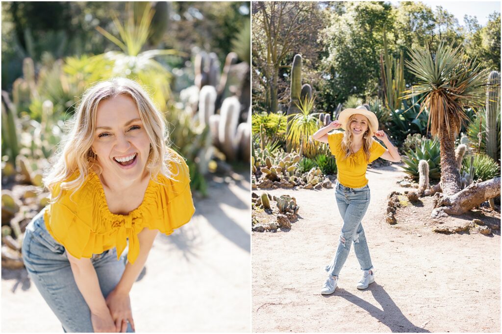 woman smiling and laughing inside cactus garden by Krista Marie Photography, a Bay Area brand photographer