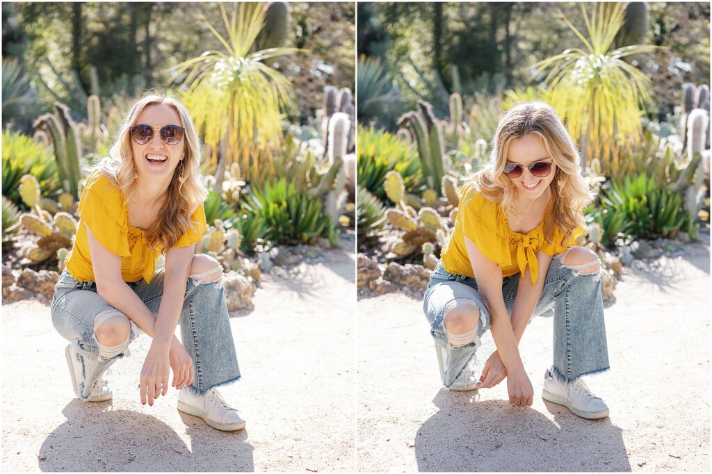 woman kneeling and laughing in cactus garden by Krista Marie Photography, a Bay Area brand photographer