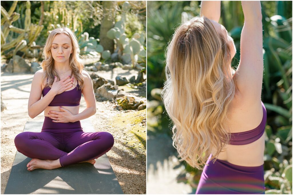 woman in yoga outfit in cactus garden by Krista Marie Photography, a Bay Area brand photographer
