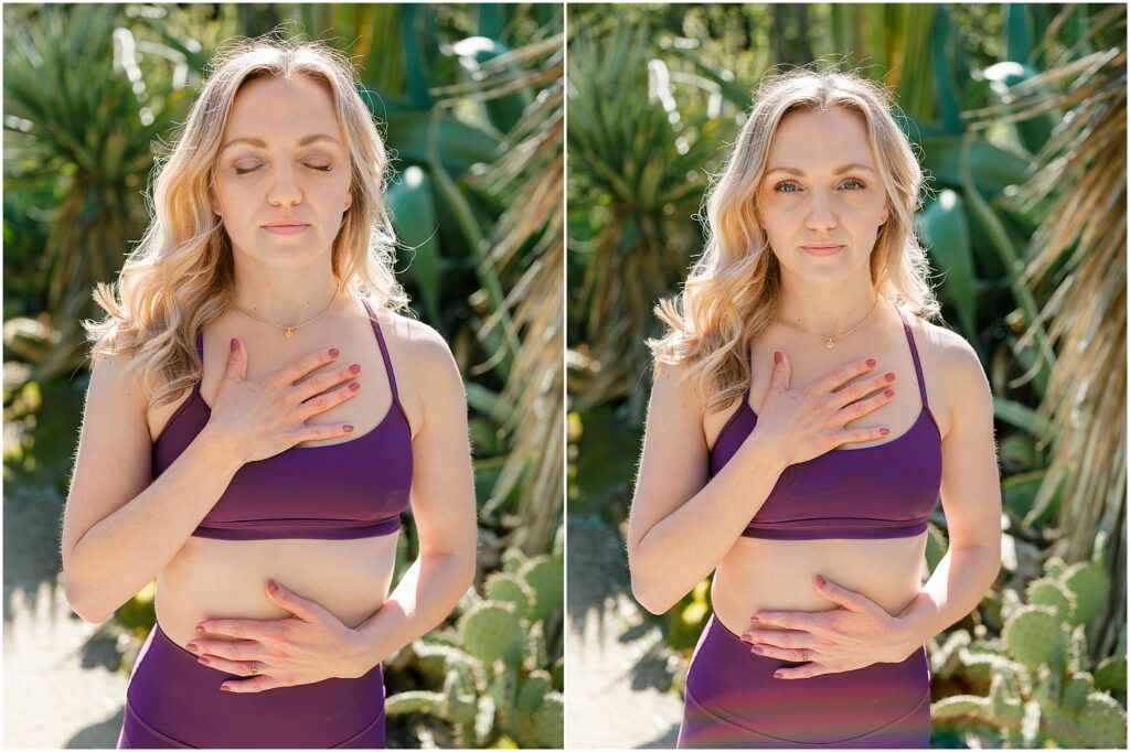 woman with her hands on her heart and body meditating in cactus garden by Krista Marie Photography, a Bay Area brand photographer