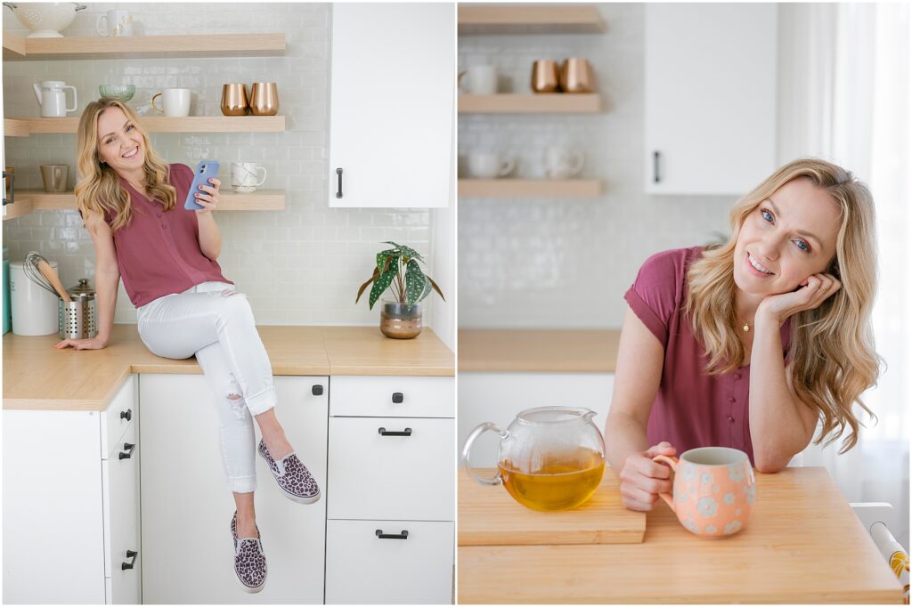 woman smiling at the camera in the kitchen by Krista Marie Photography, a Bay Area brand photographer