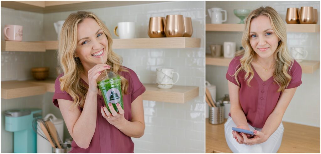 woman drinking green smoothie and working on kitchen counter by Krista Marie Photography, a Bay Area brand photographer