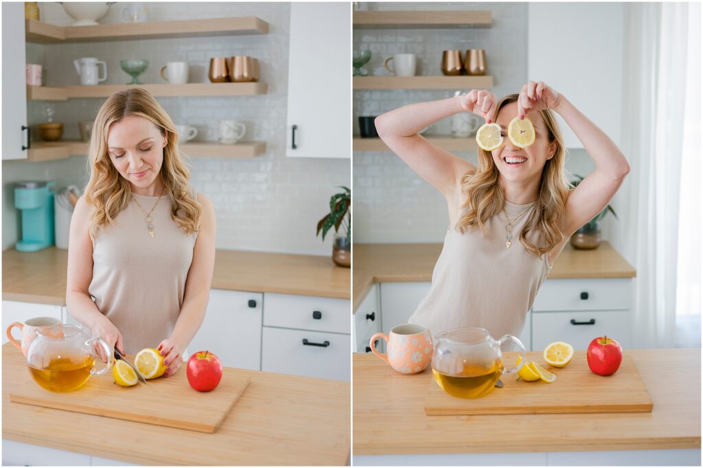 woman cutting apples and lemons in the kitchen by Krista Marie Photography, a Bay Area brand photographer