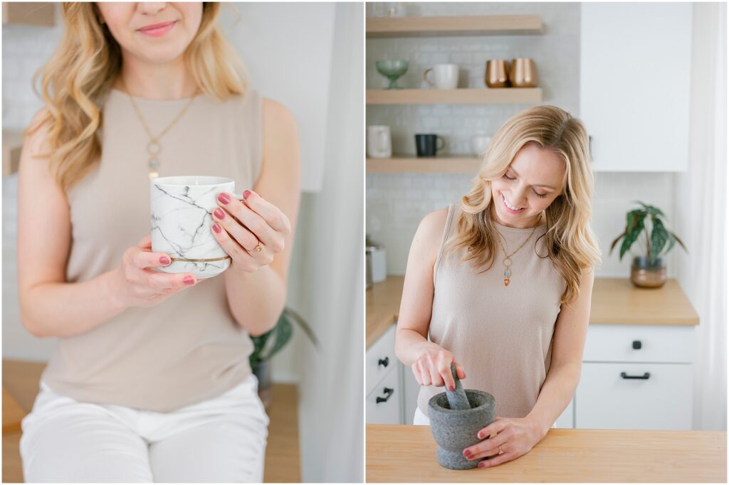 woman drinking tea and grinding spices in the kitchen by Krista Marie Photography, a Bay Area brand photographer