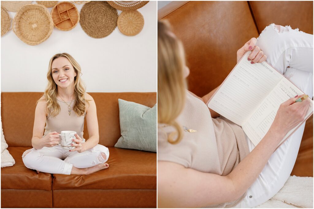 woman journaling and drinking tea on the couch by Krista Marie Photography, a Bay Area brand photographer