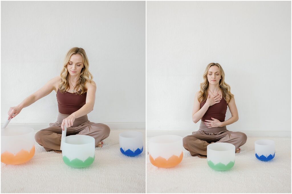 woman using sound healing singing bowls by Krista Marie Photography, a Bay Area brand photographer