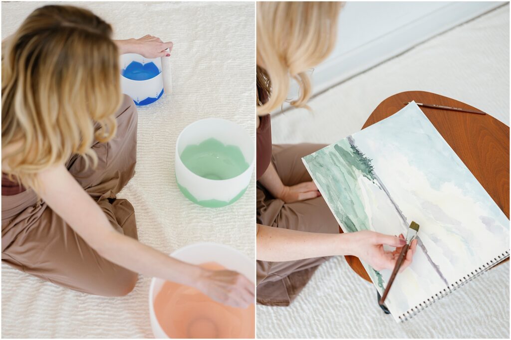 woman using singing bowls and painting watercolor by Krista Marie Photography, a Bay Area brand photographer