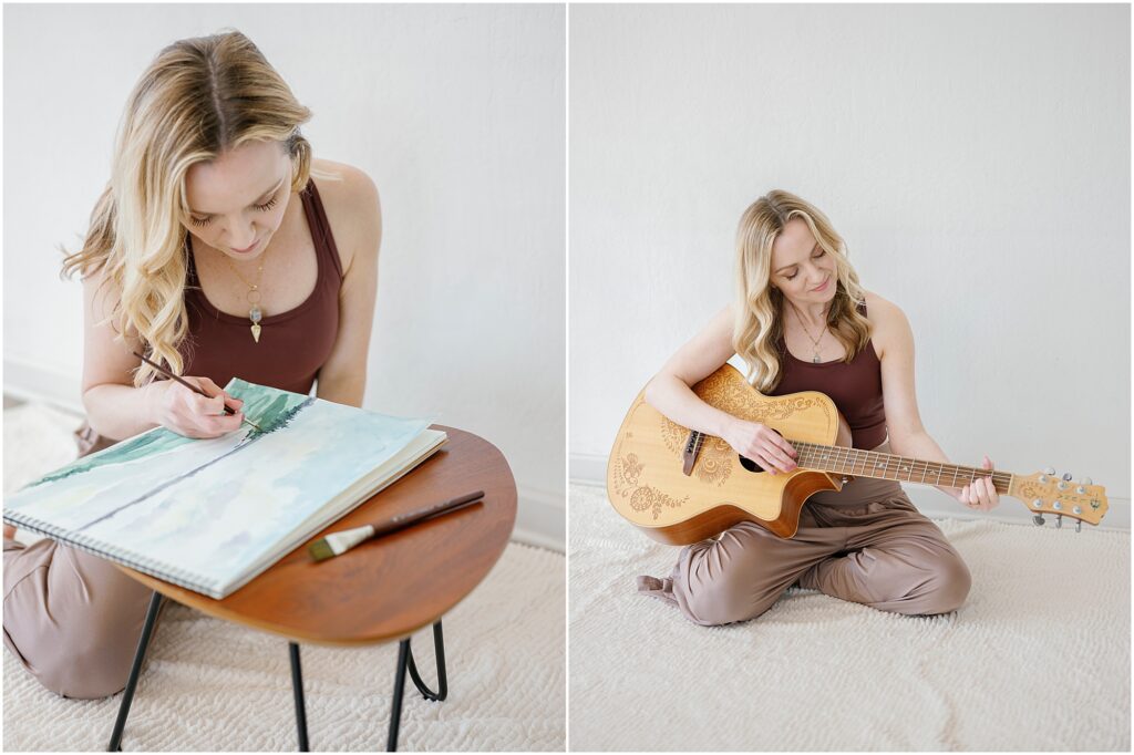 woman painting and playing guitar by Krista Marie Photography, a Bay Area brand photographer