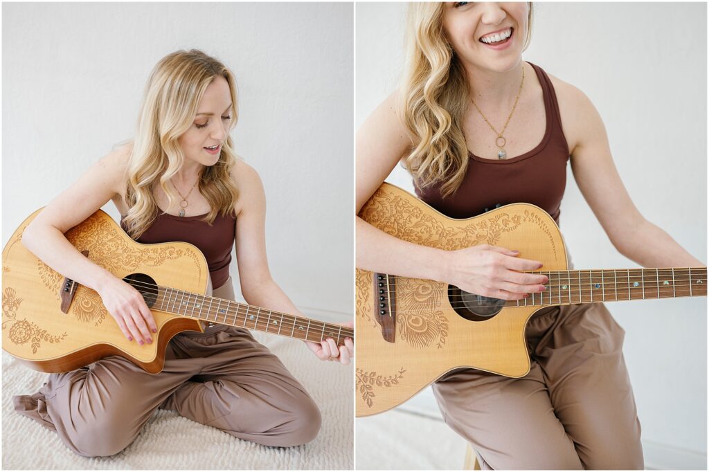 woman smiling and laughing while playing acoustic guitar by Krista Marie Photography, a Bay Area brand photographer