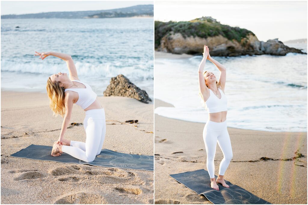 woman doing yoga poses at sunset on the beach by Krista Marie Photography, a Bay Area brand photographer