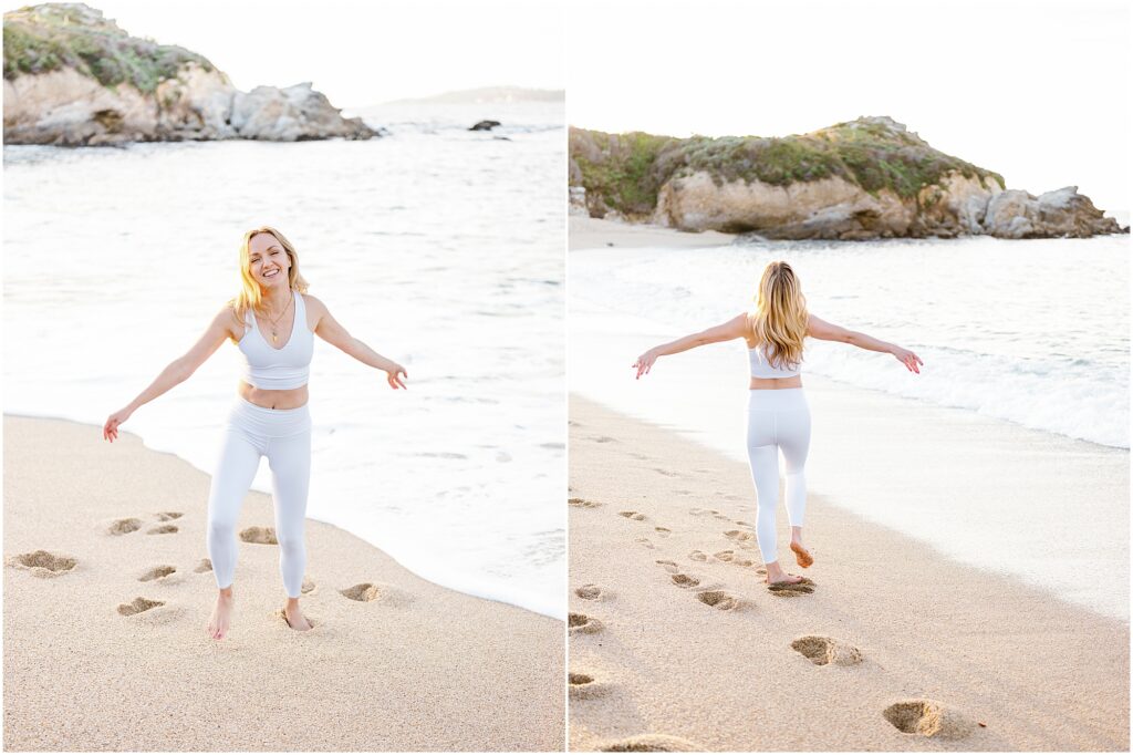 woman running and smiling on the beach at sunset by Krista Marie Photography, a Bay Area brand photographer