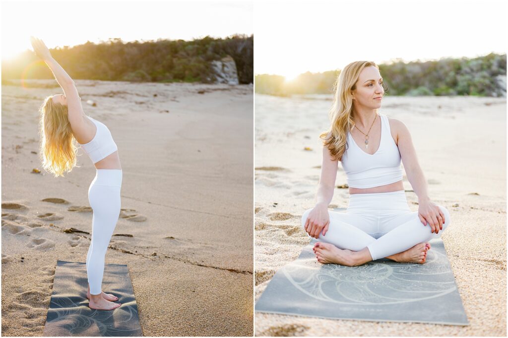 woman stretching on yoga mat on the beach by Krista Marie Photography, a Bay Area brand photographer