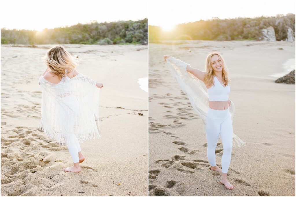 woman dancing in the sand on the beach at sunset by Krista Marie Photography, a Bay Area brand photographer