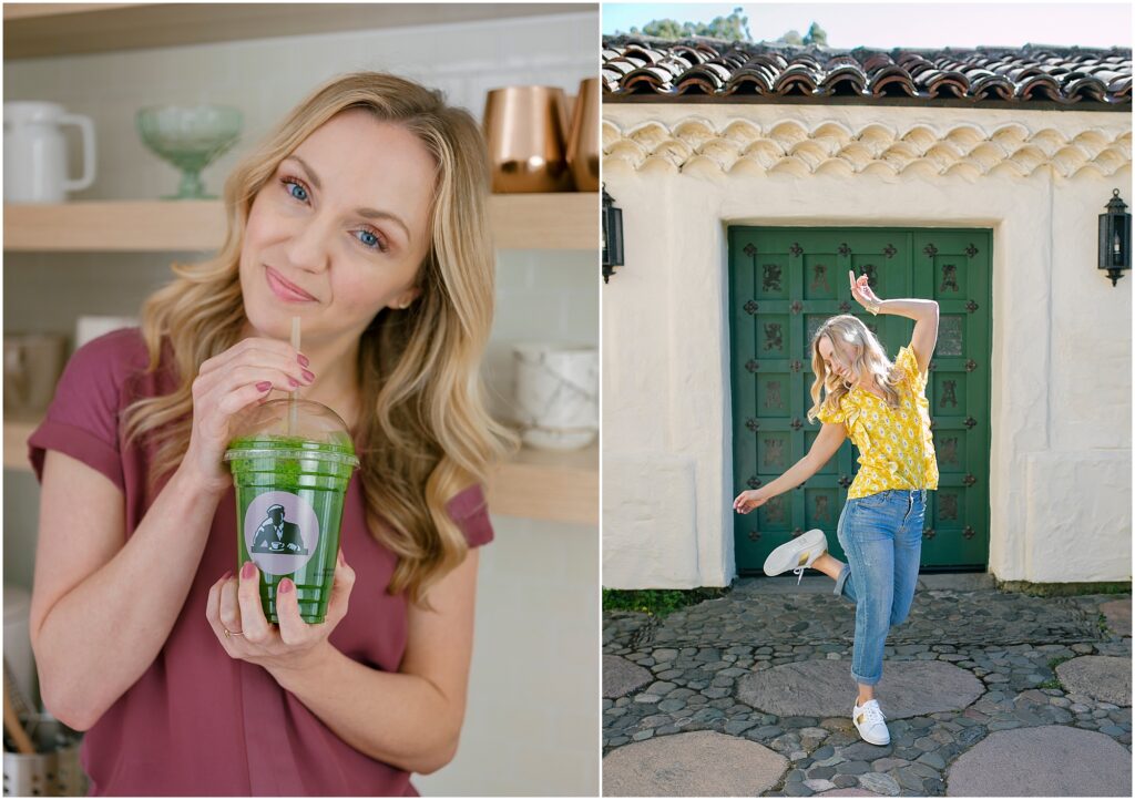 Woman drinking green smoothie in a kitchen and dancing in front of a green door by Krista Marie Photography