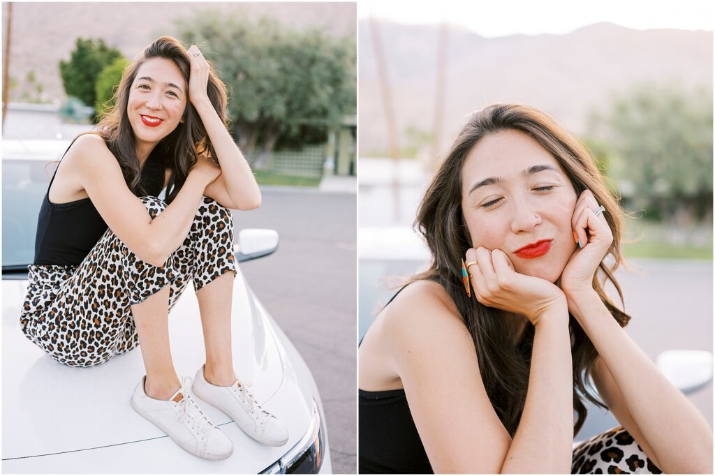 Woman smiling at the camera outside and sitting on top of a car by Krista Marie Photography
